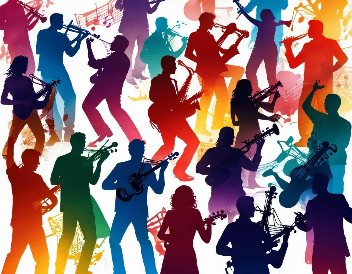 A vibrant, colorful montage showing a diverse group of musicians passionately playing their instruments in a lively concert setting, interwoven with musical notes and heart shapes to symbolize connection through music. In the background, blur the silhouettes of fans dancing and enjoying the music, creating an energetic atmosphere. The image should also feature interview snippets or speech bubbles to hint at artist discussions. super-realistic. vibrant colors. white background.