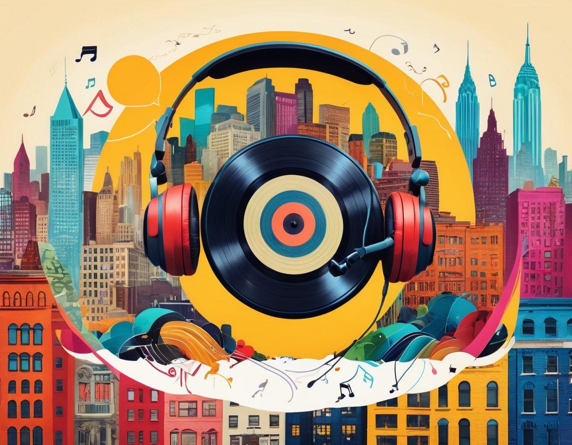 A vibrant collage featuring a diverse array of music elements such as headphones, a vintage record player, and colorful playlists flowing into a speech bubble filled with critiques and notes. The background showcases a city skyline with musical notes dancing among the buildings, symbolizing the lively world of music blogging. Include various cultural symbols representing genres like rock, jazz, and hip-hop. bright colors. dynamic style. 3D.