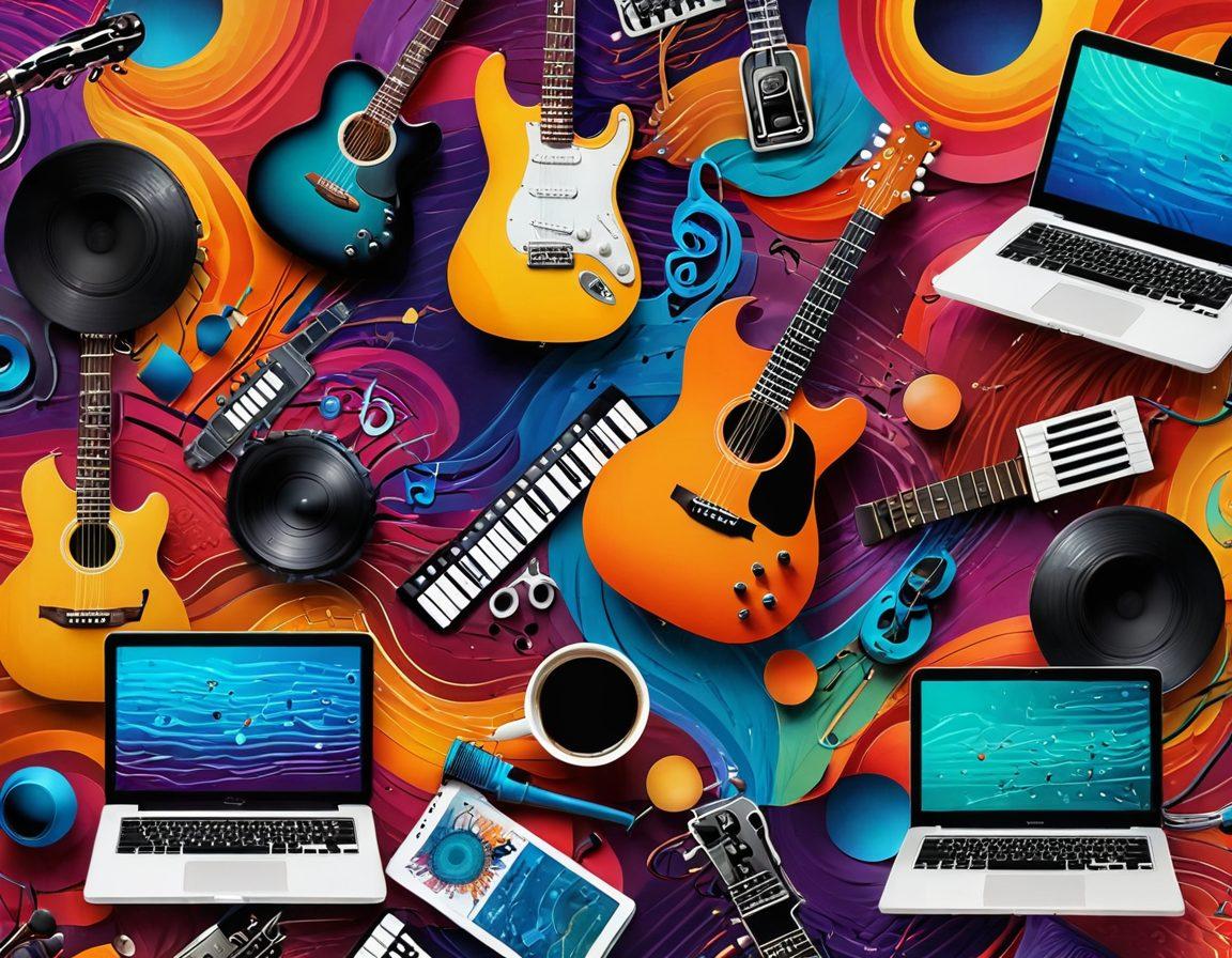 A colorful collage of musical instruments like guitars, keyboards, and microphones, intertwined with vibrant sound waves bursting outwards, capturing the essence of music blogging. Include elements like a laptop and a cup of coffee amidst the chaos, symbolizing creativity and inspiration. The background should be a soft gradient of sunset hues, representing warmth and passion for music. surrealistic. vibrant colors. textured background.
